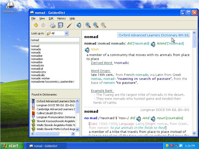 Nomad Dictionary Windows XP screenshot